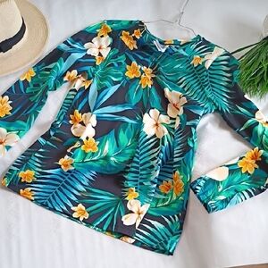 Tropical Floral Long Sleeve Top - Green and Yellow
